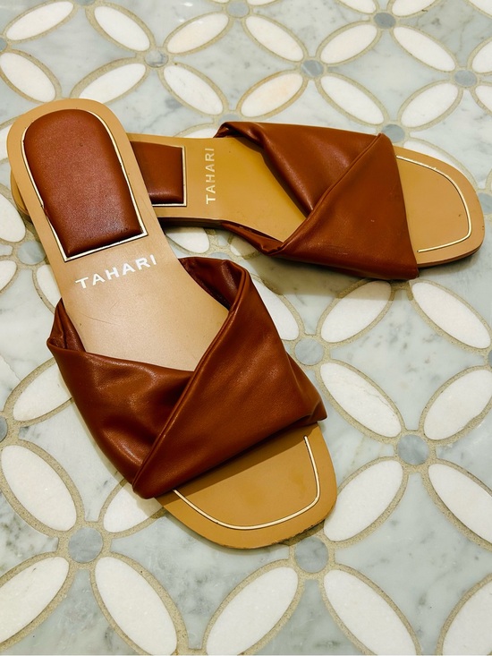 Tahari Shoes - Sold Tahari Sabana Cognac Brown Faux Leather Criss Cross Slide Sandals Padded